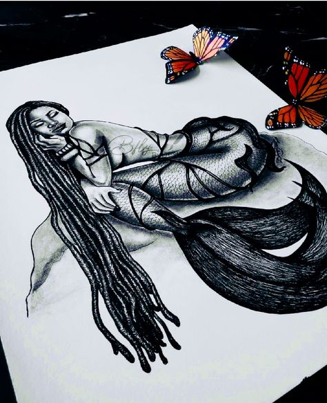 Dreadlock Tattoo Design, Black Aries Goddess Tattoo, Maman Brigitte Tattoo, Mermaid With Locs Tattoo, Mermaid With Afro Tattoo, Black Aphrodite Tattoo, African Fairy Tattoo, Goddess Tattoo Black Woman, Black Libra Goddess Tattoo