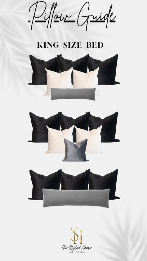 Black Bedding With Accent Pillows, Black And White King Bedding, Black Bed Frame Comforter Ideas, Black And White Pillows On Bed, Super King Bed Pillow Arrangement, Super King Bed Ideas, King Size Bed In Small Bedroom Ideas, Bed With Throw Pillows, King Bed Pillow Arrangement