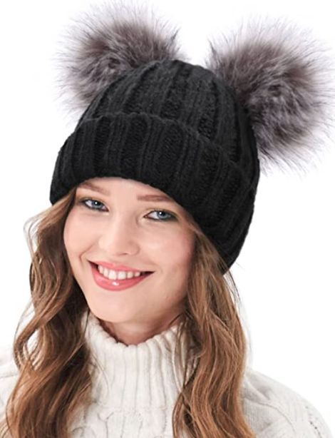 Currently 47% off!!! Double Pom Pom Beanie, Womens Winter Hat, Beanie Fits, Cable Knit Beanie, Beige Hat, Pom Pom Beanie Hat, Black Beanie, Winter Hats Beanie, Womens Winter