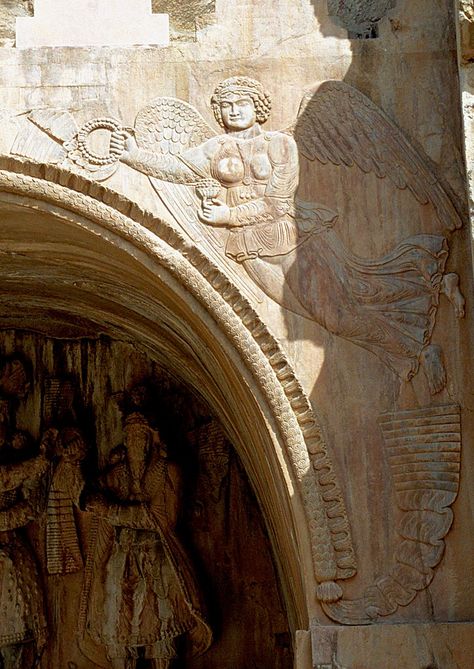 Taq-e Bostan-4th-c.Sasanian art& architecture archaeological site.Located along the ancient Silk Road near Kermanshah,in Kermanshah Province,far western Iran. Location of many carved stone reliefs of the Sassanid Empire of Persia (226 to 650 CE).The rock relief of Sasanian king Shapur II (309-79 BCE) at Taq-e Bostan,also known as Taq-e Bustan I shows a double scene of investiture and victory. Sassanid Empire, Ancient Persia, Aphex Twin, Ancient Persian, Carved Stone, Silk Road, Art Architecture, Ancient Cultures, Archaeological Site