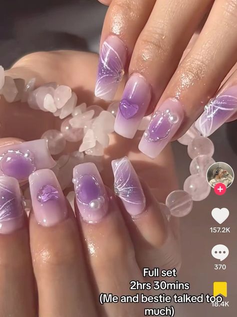 dreamy purple butterfly nail set Jelly Nails Purple, Butterfly Nail Set, Purple Jelly Nails, Purple Butterfly Nails, Army Nails, Quinceanera Nails, Lilac Nails, Beauty Hacks Nails, Butterfly Nails