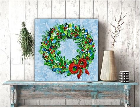 Christmas Wreath Painting, Wreath Painting, Painting Textured Walls, Fathers Day Art, Wreath Drawing, Holly Wreath, Holiday Artwork, Texture Painting On Canvas, Christmas Painting