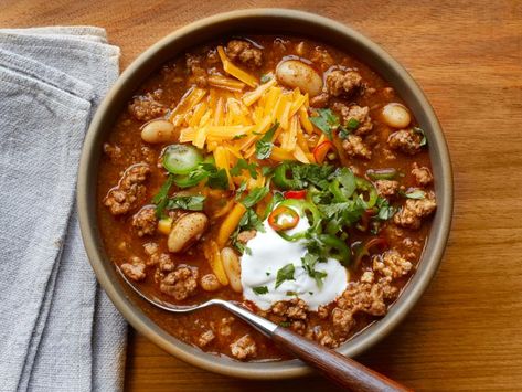 Turkey Chili with Cannellini Beans Recipe | Guy Fieri | Food Network Three Bean Turkey Chili, Cannellini Beans Recipes, Stews Recipes, Turkey Chili Recipe, Crockpot Ideas, Chili Recipe Turkey, Poultry Dishes, Poblano Peppers, Super Sunday