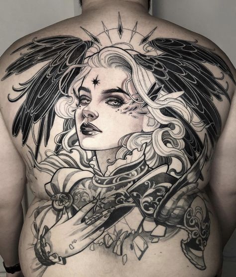 Black And Gray Neo Traditional Tattoo, Neo Trad Tattoo Design Black And Grey, Female Face Tattoo Ideas, Neo Traditional Tattoos Black And Grey, Flying Phoenix Tattoo, Portrait Tattoo Design, Most Beautiful Tattoos, Traditional Tattoo Black And Grey, Backpiece Tattoo