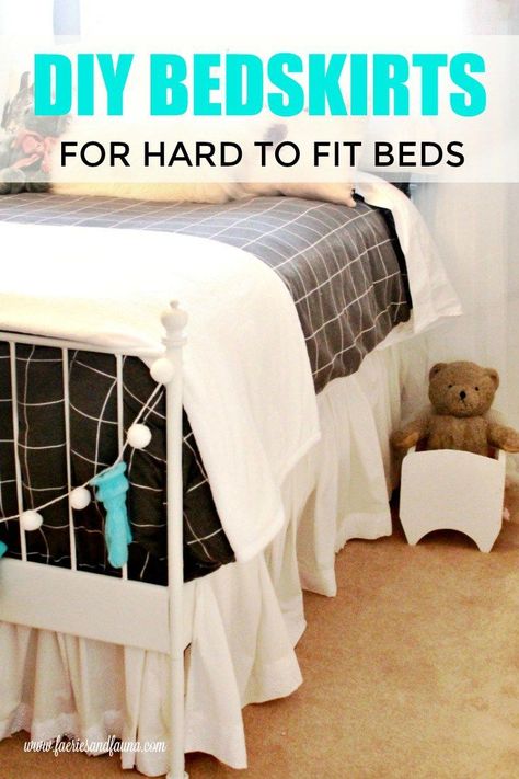 Make a custom bedskirt for your hard to fit bed frame. This post shows you two different custom bedskirt ideas. #faeriesandfauna #sew #homedecorsew Bedskirt Ideas, Diy Box Spring, Diy Bed Skirt, Bedskirts, Box Spring Cover, No Bed, Bed Skirts, Beginner Sewing Projects Easy, Bed Skirt