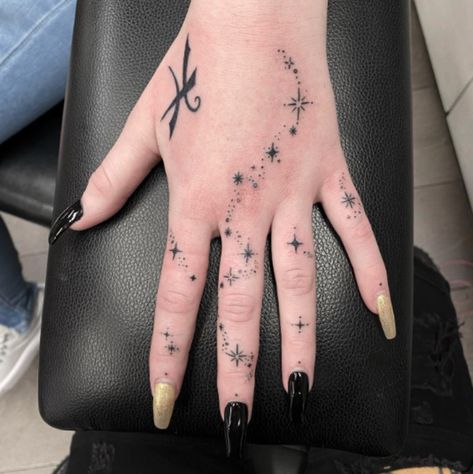 Hand Tattoos With Stars, Dot And Star Filler Tattoo, Space Tattoos Hand, Galaxy Finger Tattoo, Tattoos Of Stars For Women, Star Hand Tats, Space Constellation Tattoo, Star Hands Tattoo, Galaxy Hand Tattoos For Women