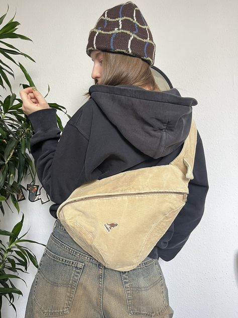 Vintage 90s Y2K Kangol Sling Bag Corduroy Gorpcore Backpack Gorpcore Backpack, Nike Sling Bag, Vintage Sling Bag, Aesthetic Backpack, Big Bags, Men's Accessories, Vintage Tags, Sling Bag, Sling Backpack