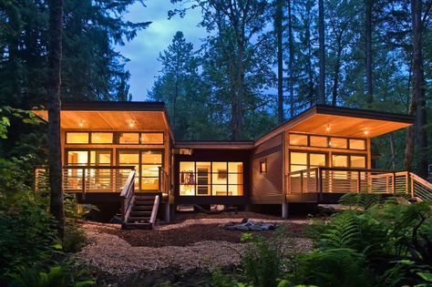 small contemporary craftsman cabin plans | M2, Method Homes, prefab home, modular home, green design, sustainable ... Craftsman Cabin, A House In The Woods, Prefab Cottages, Green House Design, Contemporary Craftsman, Modern Prefab Homes, Method Homes, Cottage Plan, Plans Modern