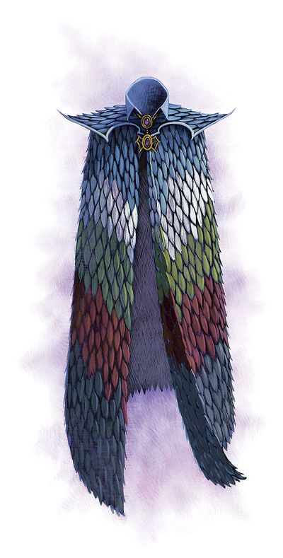 Dragon cloak? Cloak of elemental resistance? I don't know, it has a lot of potential (and looks totally awesome). Robe Of Useful Items Dnd, Cloak Designs Art, Suave Clothes, Dnd Cloak, Dragon Cloak, Feather Cloak, Wooden Artifacts, Clover Kingdom, Magic Armor