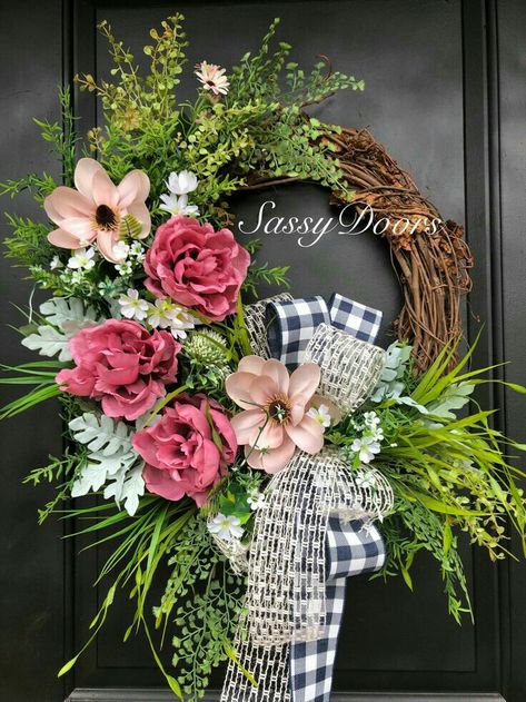 Summer Front Door Wreath, Mothers Day Wreath, Pink Wreath, Door Wreaths Diy, Spring Door Wreaths, Peonies Wreath, Sunflower Wreath, Wreath Summer, Seasonal Wreaths