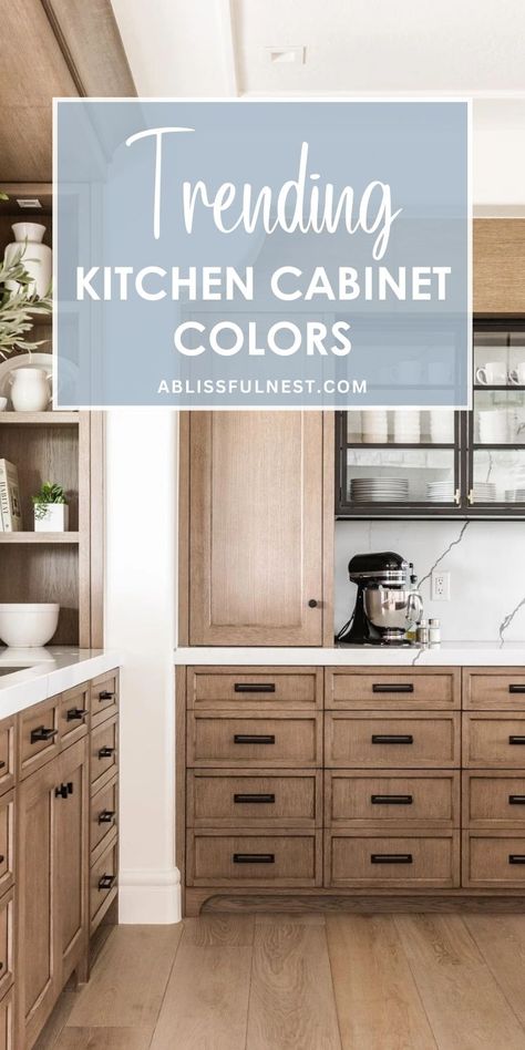 Looking to give your kitchen a fresh update? Check out these trending kitchen cabinet colors to inspire your next renovation! From warm wood tones to cool, calming blues, there's a perfect hue to complement any style. Get ready to transform your cooking space into a stylish and inviting haven!#kitchencabinets #kitchenremodel #kitchendesign Color Combo Kitchen Cabinets, Cabinet And Floor Color Combinations, 2 Countertop Colors In Kitchen, Kitchen Remodel Cabinets Colors, Earthy Kitchen Cabinet Colors, Warm Cabinets Kitchen, Painted Kitchen Cabinets Colors Boho, Light Oak Kitchen Cabinets Color Schemes, Two Tone Kitchen Cabinets Color Combinations Blue