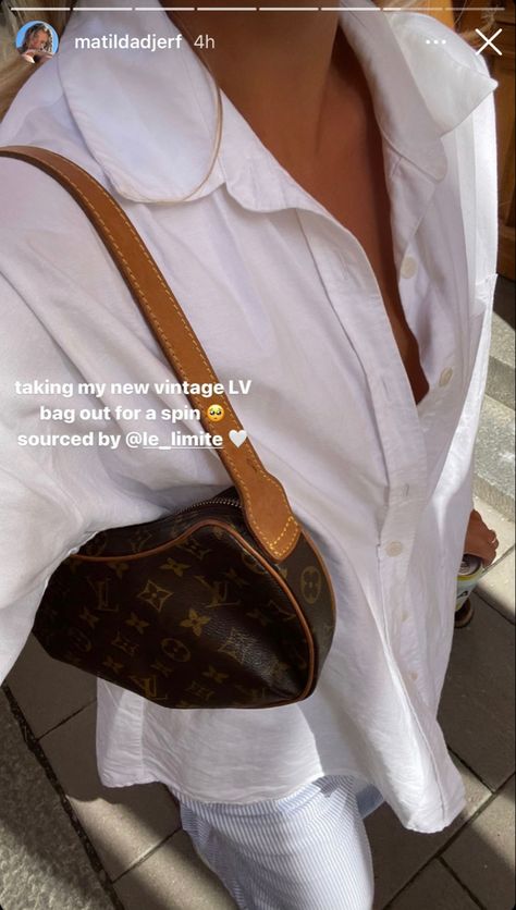 Matilda Djerf / Djerf Avenue / Louis Vuitton / Shoulder Bag / Baguette / White linen shirt / Summer style / Blue striped pyjama trousers / Spring outfit Louis Vuitton Shoulder Bag Outfit, Baguette Bag Outfit, Vintage Bag Outfit, White Louis Vuitton Bag, Vintage Lv Bag, Louis Vuitton Vintage Bag, Striped Pyjama, Modest Fall Outfits, Vintage Louis Vuitton Handbags