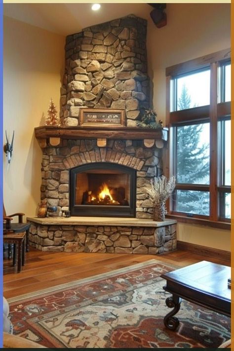 Corner Fireplace Design, Wood Burning Stove Corner, Corner Stone Fireplace, Stone Fireplace Decor, Corner Wood Stove, Wood Stove Hearth, Corner Fireplace Ideas, Wood Burning Stoves Living Room, Farmhouse Fireplace Decor