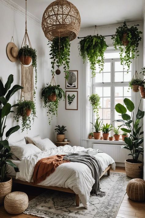 Bedroom With Hanging Plants, House Plant Bedroom, Plant Bedrooms, Plant Filled Bedroom, Rooms With Plants, Plant Decor Bedroom, Aurora Bedroom, Plants In Bedroom, Moody House