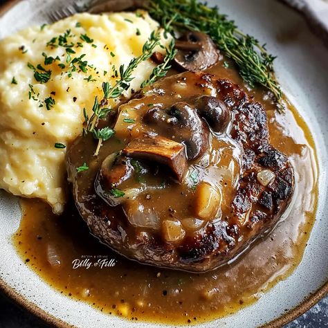 Bobby Flay's Salisbury Steak, Old Fashioned Salisbury Steak Recipe, Ground Beef Patties, Salisbury Steak Recipe, Half Baked Harvest Recipes, Perfect Mashed Potatoes, Salisbury Steak Recipes, Beef Patties, Steak And Mushrooms