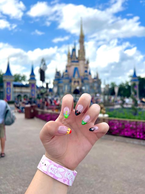 Disney French Tips, Disney Nails Aesthetic, Moana Nails Disney, Disney Castle Nails, Aesthetic Disney Nails, Orlando Nails, Tangled Nails, Disney World Nails, Dance Nails