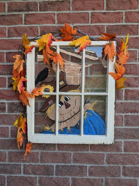 Scarecrow Window Painting, Autumn Window Painting Ideas, Fake Window Diy, Painted Scarecrow, Fall Window Painting, Scarecrow Faces, Fall Window Decorations, Old Windows Painted, Pumpkin Board