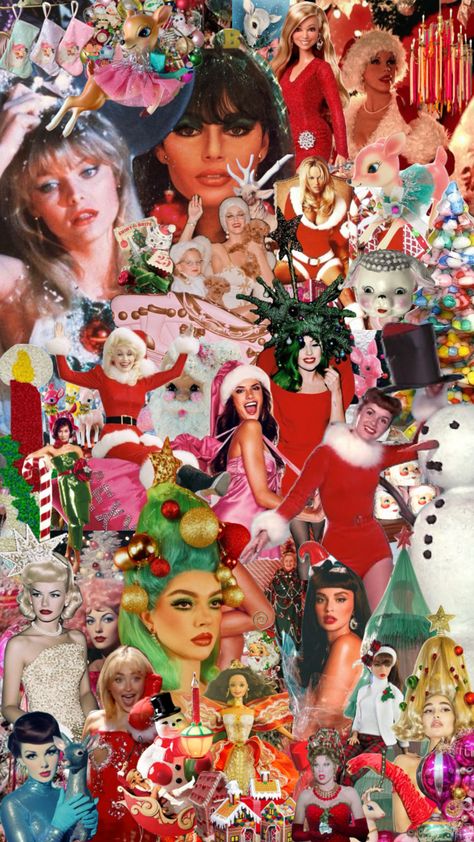 #kitschmas #christmas #retrochristmas #retro #holiday #maximalism #vintagechristmas #vintage #kitsch #kitschy Kitsch Party Decorations, Kitch Christmas Aesthetic, Kitchy Christmas Aesthetic, Trailer Park Christmas, Kitschy Aesthetic, Christmas Collages, 1960s Aesthetic, Vintage Christmas Party, Y2k Christmas