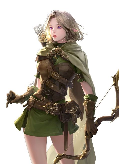 Archer Pose, Elf Archer, Archer Characters, Elf Ranger, Dnd Elves, Anime Elf, Brown Gloves, Female Elf, Elf Clothes