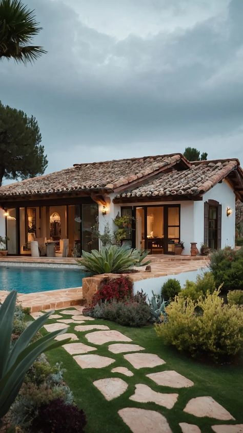 Spanish Ranch Style Homes Kitchen, Mediteranian Modern House, Floor Plans Spanish Style, Small Spanish Cottage, Hacienda Style Exterior, Spanish Villa Design, Spanish Villa Home Exterior, Spanish Villa Floor Plans, Modern Spanish Style Homes Exterior