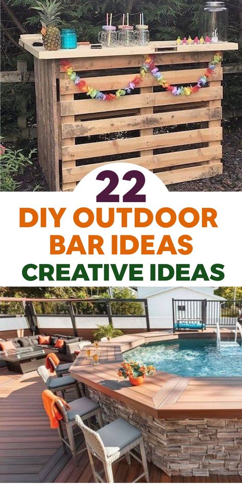 Explore creative DIY outdoor bar ideas to elevate your entertainment game. Transform a wooden pallet into a rustic bar by sanding, staining, and adding a reclaimed wood countertop. Customize with hooks and shelves for glassware and accessories. Another option is crafting a bar from cinder blocks and a wooden plank for durability. Simply stack blocks, top with plank, then paint or stain to match your outdoor aesthetic. Cinder Block Bar, Diy Outdoor Bar Ideas, Diy Bar Ideas, Flies Trap Diy, Reclaimed Wood Countertop, Fruit Fly Trap Diy, Outdoor Bar Ideas, Wine Barrel Bar, Diy Bird Cage