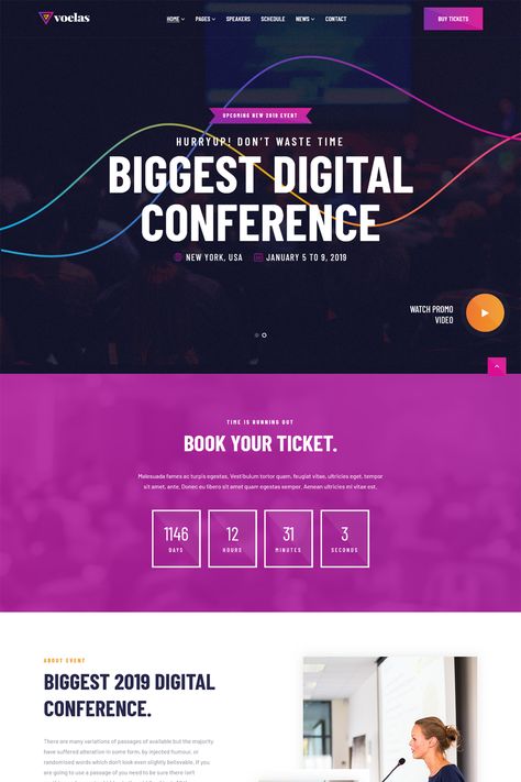 Voelas is a responsive WordPress theme for events, conferences but also can be used for any events-based sites. Website Events Page Design, Event Landing Page Design, Events Website Design, Website Layout Template, Event Entrance Arch, Landing Page Web Design, Events Website, Events Theme, Event Agenda