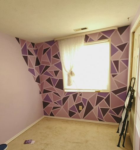 Purple Painting Ideas Bedroom, Geometric Wall Paint Purple, Purple Accent Wall Bedroom, Painted Accent Wall, Purple Accent Wall, Moving Ideas, Girls Room Paint, Geometric Wall Paint, Diy Wall Design