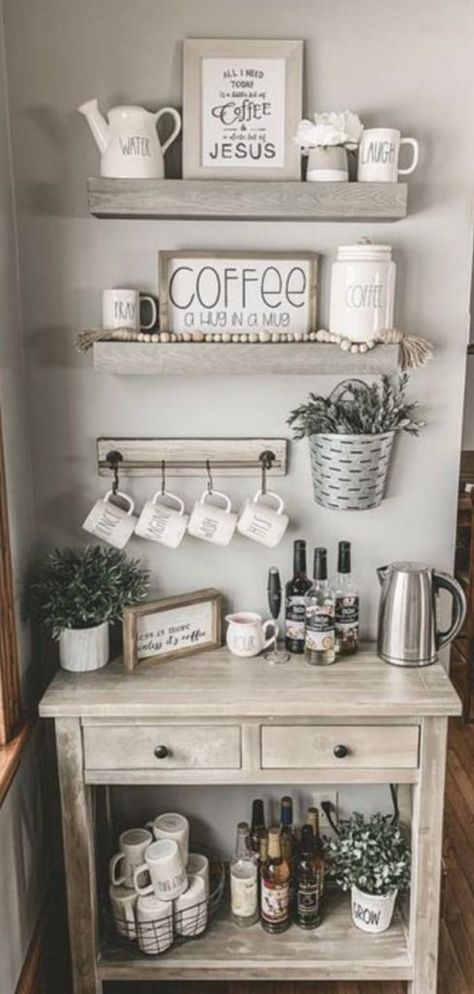 A great DIY corner coffee station idea for your kitchen - perfect for small corners in a kitchen or apartment. Home Coffee Bar Ideas, Kaffe Bar, Case In Stile Country, Diy Coffee Station, Coffee Diy, Coin Café, Coffee Bar Station, Coffee Bar Ideas, Farmhouse Coffee Bar