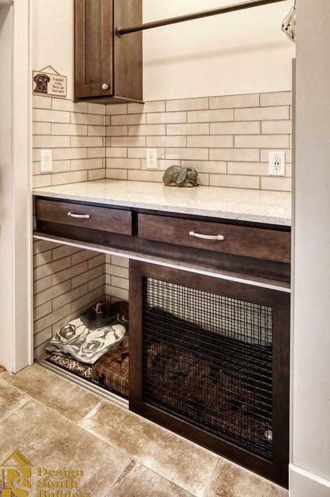 Built In Dog Crate In Laundry Room, Laundry Room With Dog Crate Storage, Under Cabinet Dog Bed, Built In Dog Beds, Built In Pet Crate, Laundry Room With Dog Kennel Spaces, Built In Pet Kennel, Built In Dog Crate Mudroom, Dog Kennels In Laundry Room