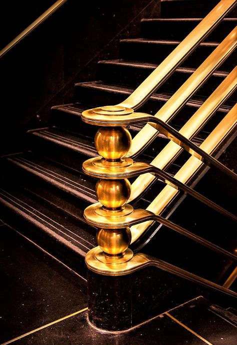 Golden Staircase, Brass Stair Corners, Art Deco Metal Railing, Art Deco Balcony Railing, Art Nouveau Stair Railing, Art Deco Staircase, Art Deco Stairs, Art Deco Mood Board, Modern Chinese Restaurant