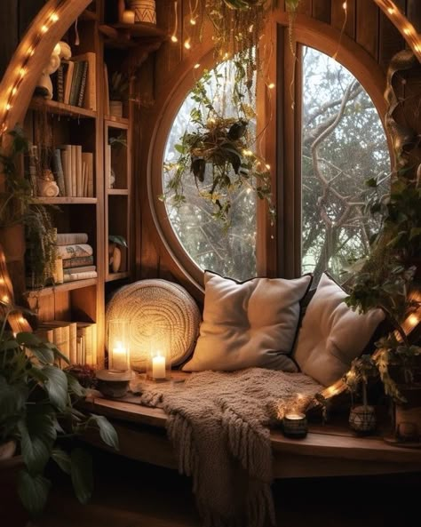 Round Window Reading Nook, Dream Home Library, Circle Window, Mountain Dream Homes, Rustic Lake Houses, Bed Nook, Window Nook, Boho Style Bedroom, Fantasy Furniture