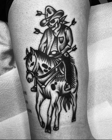 Traditional Thigh Tattoo, Traditional Tattoo Black And White, Bull Fighter, Traditional Black Tattoo, Cowboy Tattoos, Traditional Style Tattoo, Bull Rider, Western Tattoos, Sharpie Tattoos