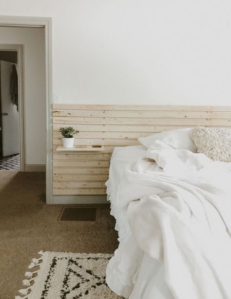 Wood slat walls are all the rage right now. I absolutely love the ambiance it adds to rooms, so I created my own take on it to add something beautiful to our bedroom. Before For this project, we decided to use some 1x3x8 boards. Generally wood slay walls are made with 1x2s, but while at the store we saw these boards and fell in love with the dark knots in them.First we cut five boards to 3 1/2’ tall.These will be the boards we use to attach the wood slats to so be sure you screw… Headboard With Floating Nightstands, Wood Slat Headboard, Diy Wallpaper Headboard, Wallpaper Headboard, Job List, Cape Cottage, Slat Headboard, Floating Headboard, Slat Walls