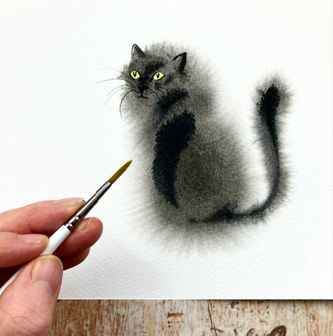 Learn to paint a perfect watercolour black cat with the wet on wet technique. Perfect for Halloween! Spooky Watercolor Paintings Easy, How To Paint A Black Cat In Watercolor, Halloween Watercolour Painting, Watercolor Halloween Painting, Halloween Watercolor Ideas, Halloween Watercolor Tutorial, Halloween Watercolor Cards, Watercolor Cat Easy, Cat Drawing Watercolor