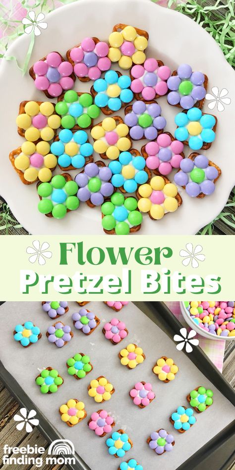 Flower Pretzel Bites, Pretzel Snack Recipes, Easter Pretzel, Spring Snacks, Pretzel Snacks, Easter Party Food, Easy Easter Desserts, Spring Treats, Easter Snacks