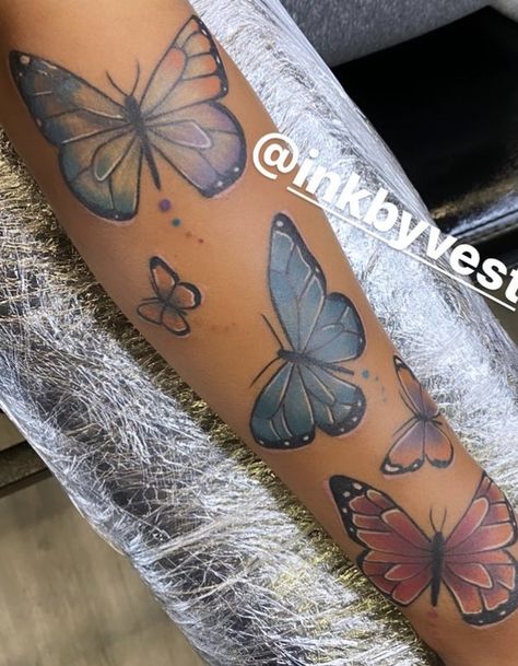 Colorful Butterfly Tattoo On Dark Skin, Butterfly Tattoo On Dark Skin, Tattoos Dark Skin, Tattoo On Dark Skin, Dark Skin Tattoo, Colorful Butterfly Tattoo, Butterfly Tattoos On Arm, Colored Butterfly, Tattoos Women