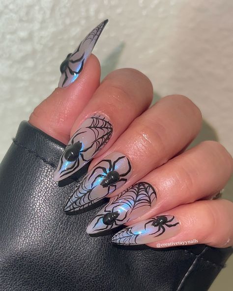 It’s October 1st which means it’s officially spooky szn!!🖤🕷️🕸️ Can you believe this is the only spooky set I’ve made so far😭 September really flew by! I’m still taking Halloween mail orders until Oct 11th, DM to get your spooky sets💅🏻 #spookyseason #spookynails #halloweennails #spidernails #pressonnails #pressonsets #thepressoncollective #chromenails Coffin Spooky Nails, Creepy Christmas Nails, Cool Halloween Nails, Spooky Sets, Halloween Mail, Spooky Nails, Creepy Christmas, Spooky Szn, October 1st