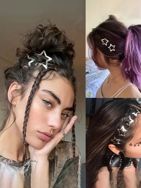 Silver  Collar  Iron Alloy   Embellished   Women Accessories Hairstyles With Star Clips, Star Hair Clips Hairstyles, Concert Hairstyle, Rave Hair, Y2k Hairstyles, Side Hairstyles, Clip Hairstyles, Peinados Fáciles Para Cabello Corto, Hair Stylies