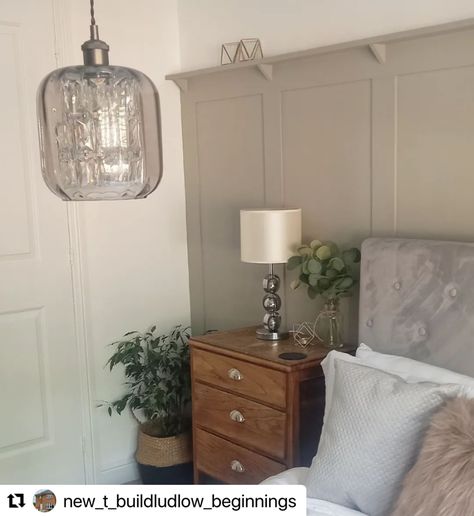 Here is another beautiful example of how our cut to size wall panelling kit with a picture shelf fits perfectly behind a bed! Not only does it make a nice accent wall, but you can also put your home decor items on the shelf to personalise your space! Panelling Behind Bed With Shelf, Panelling With Shelf, Behind Bed Panelling, Shelf Behind Bed, Panelling Behind Bed, Pictures Above Bed, Retreat Decor, Panelled Walls, Shelf Above Bed