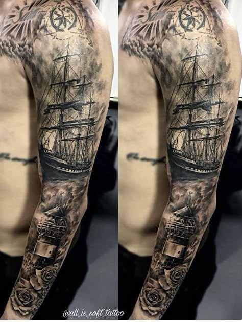 Sea Tattoo Sleeve, Ship Tattoo Sleeves, Nautical Sleeve, Voll Arm-tattoos, Pirate Ship Tattoos, Nautical Tattoo Sleeve, Navy Tattoos, Soft Tattoo, Sailor Tattoos