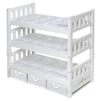 Badger Basket 1-2-3 Convertible Doll Bunk Bed for 18 in. Doll with Storage Baskets - White Rose | Hayneedle Doll Bunk Beds, Triple Bed, Bunk Bed Sets, Bunk Bed With Storage, Triple Bunk Beds, Triple Bunk Bed, Doll Crib, Bunk Beds With Storage, Bed With Storage