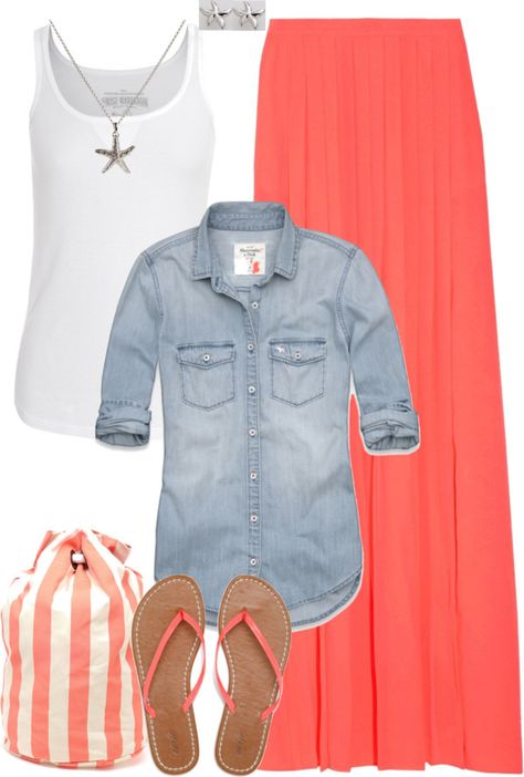 Perfect for summer! Coral skirt, white tank. Denim shirt - need a bright maxi skirt this summer! Coral Skirt, Jean Shirt, Maxi Rok, Rock Outfit, Boots Mens, Elegante Casual, Dress Boots, Spring Skirts, Cooler Look