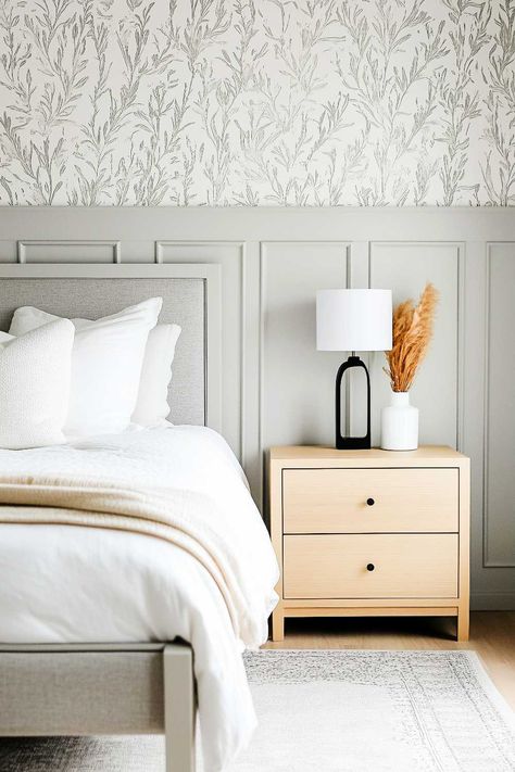 50+ grey wallpaper bedroom ideas accent walls White Paneled Walls Bedroom, Panelled Wallpaper Bedroom, Bedroom Panelling With Wallpaper, Grey Wallpaper Bedroom Ideas, Minimalist Accent Wall, Accent Wallpaper Bedroom, Wallpaper And Panelling, Grey Cloud Wallpaper, Bedroom With Wallpaper Accent Wall