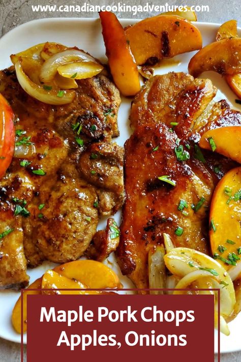 Pork Chops with Maple Syrup and Apples #PorkChops #Maple #Syrup #Apples #onepan #easy #recipe #pork Pork Chops With Apples And Bacon, Apple Chutney Pork Tenderloin, Maple Apple Pork Chops, Apple Chutney Pork Chops, Apple Compote Recipe Pork Chops, Pork Chops With Apples And Onions, Pork Apples, Pork And Apples, Maple Pork Chops