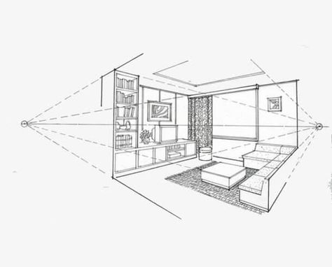 Croquis Architecture, 2 Point Perspective Drawing, Perspective Room, Interior Architecture Sketch, 2 Point Perspective, Two Point Perspective, Interior Design Sketchbook, Furniture Design Sketches, Landscape Architecture Drawing