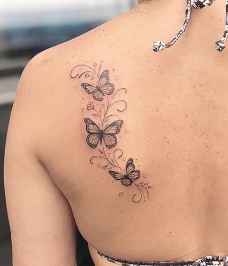 Forarm Tattoos Woman Butterflies, Dainty Sleeve Tattoos For Women Unique, Butterfly Moon And Stars Tattoo, Butterfly Tattoo With Name In Wings, Vine Butterfly Tattoo, Flower And Butterfly Tattoo On Shoulder, Shoulder Butterfly Tattoos For Women, Butterfly And Vine Tattoo, Butterfly Tattoo Back Shoulder