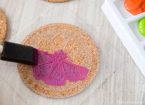 How to make Spring Cork Coasters {with free stencil download} Coaster Stencils, Cork Coasters Diy Vinyl, Cork Coasters Diy Paint, Paint Cork, Laser Engraved Cork Coasters, Rose Flavored, Spring Entertaining, Vodka Brands, Stencil Material