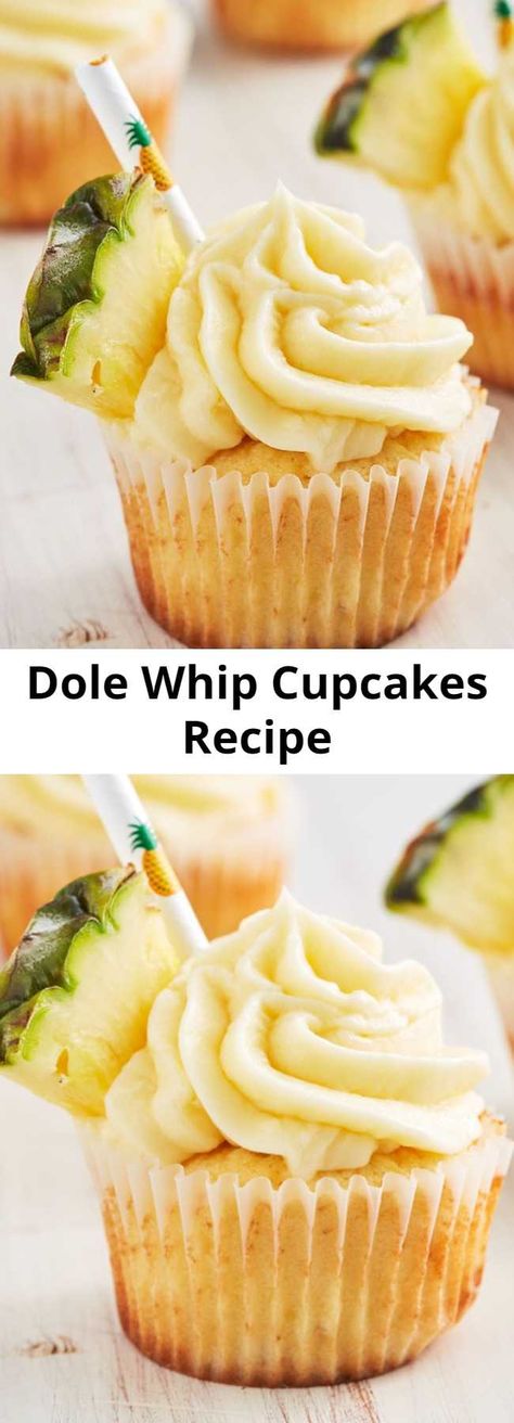 Dole Whip Cupcakes Recipe - Dole Whip has a cult following and we get it. It's the most refreshing thing after waiting in insanely long lines all day. Well now you don't have to travel to Disney for it and the cupcake version is even better. Dole Whip Cupcakes, Summer Baking Recipes, Lemon Glaze Recipe, Cupcake Frosting Recipes, Types Of Desserts, Blueberry Desserts, Summer Baking, Recipe Page, Dole Whip