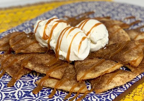 Cinnamon Tortilla Chips Churro Chips, Soft Taco Shells, Cinnamon Tortilla Chips, Cinnamon Tortillas, How To Melt Caramel, Taco Shells, Dinner Restaurants, Soft Tacos, Salted Caramel Sauce