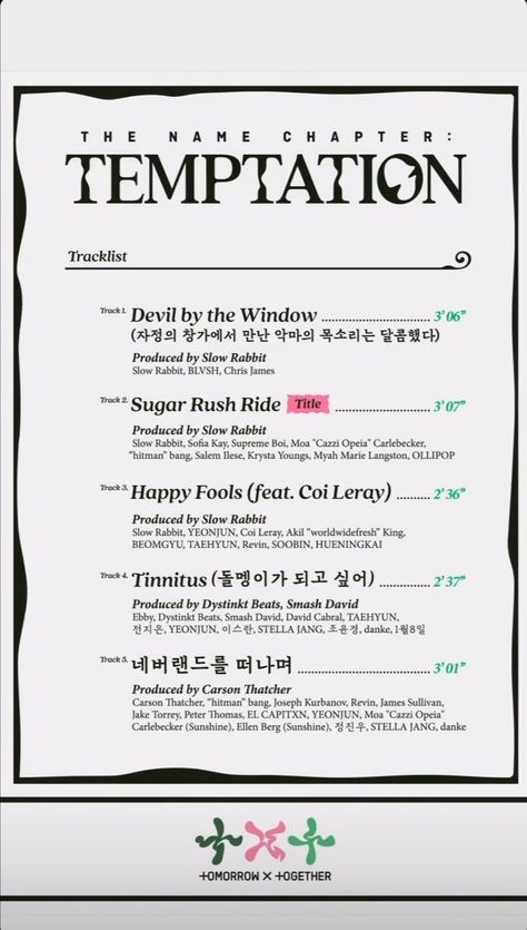 Txt Temptation Tracklist, Txt Tracklist, The Name Chapter Temptation, Name Chapter Temptation, Branding Content, Bullet Journal 2019, Song Lyric, Sugar Rush, The Fool